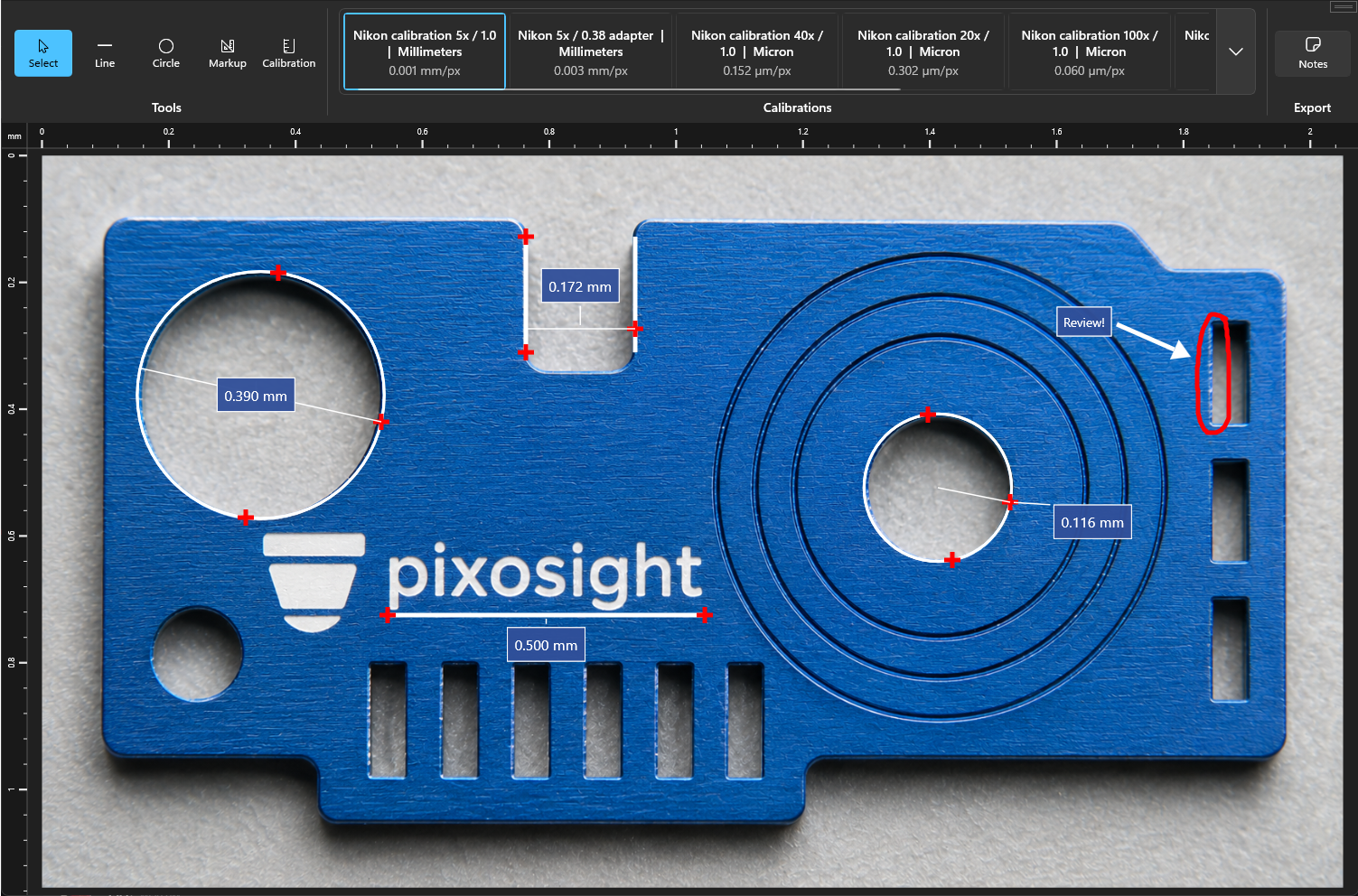 Pixosight measuring holes and slots on a machined part, with calibrated rulers and named calibration profiles